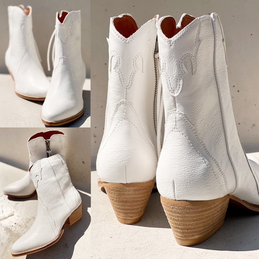 NEW Pointy Toe Stack Block Heel Zip Up Western Ankle Booties Boots Off White - Picture 9 of 16